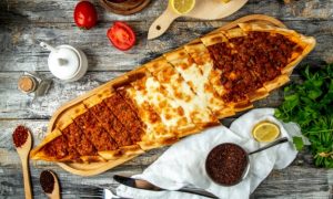 mix pide meat and cheese top view